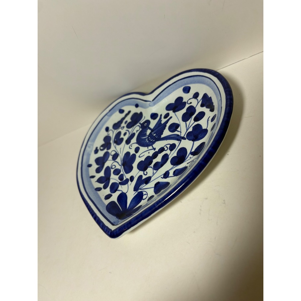 Vintage Duruta Heart Trinket Dish Blue Bird Floral Hand Painted Made in Italy